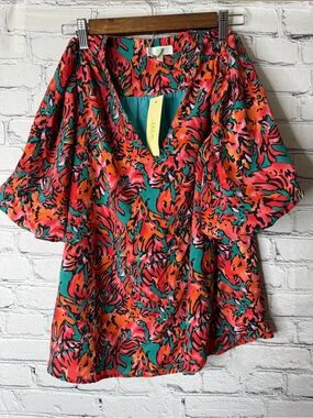 Nwt Jade melody tam Floral V-Neck puff Sleeve Top in Teal & Coral XS